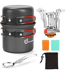 Odoland 6pcs Camping Cookware Mess Kit with Lightweight Pot, Stove, Spork and Carry Mesh Bag, Great for Backpacking Outdoor Camping Hiking and Picnic