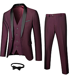 MY'S Mens 3-Piece Suit Shawl Lapel One Button Tuxedo Winter Fabric Slim Fit Premium Dinner Jacket Vest Pants & Tie Set Burgundy