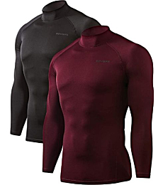 DEVOPS 2 Pack Men's Thermal Turtle Mock Neck Shirts, Compression Long Sleeve Tops (Medium, Black/Wine)