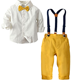 Baby Boys Dress Clothes, Toddlers Boys Long Sleeves Button Down Plaid Dress Shirt with Bowtie + Suspender Pants Set Gentlemen Outfit, Yellow, Tag 70 = 9-12 Months