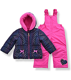 Arctic Quest Toddler Girls Metallic Rainbow Heart Print Snowsuit Fleece Lined Hooded Jacket and Bib Set, Navy Blue & Pink, 3T-