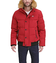 Tommy Hilfiger Men's Quilted Arctic Cloth Snap Front Snorkel Bomber Jacket, Red, X-Small