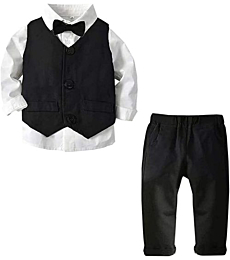 Baby Boy's Tuxedo Clothes, 3 Pieces Fall Winter Outfit, Long Sleeves Button Down Dress Shirt with Bow Tie + Vest + Pants Set Gentlemen Clothing, Black, Tag 60 = 3-9 Months
