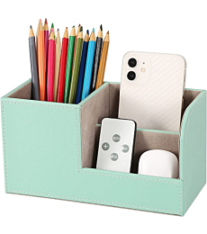 KINGFOM Desk Organizer Office Supplies Caddy Pu Leather Multi-function Storage Box Pen/Pencil,Cell phone, Business Name Cards Remote Control Holder Mint Green