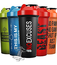 JEELA SPORTS [5 PACK] Protein Shaker Bottles for Protein Mixes -24 OZ- Dishwasher Safe Shaker cups for protein shakes - Shaker Cup for Blender Protein Shaker bottle for shakes protein shake blender