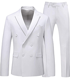 MOGU Mens 2 Piece Suit Slim Fit Double Breasted Blazer and Pants Solid Color Prom Tuxedo US Size Blazer 40/Pants 36 White