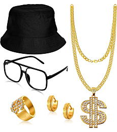 5 PCS Hip Hop Costume Kit Bucket Hat Sunglasses Dollar Sign Chain Ring Earring (Black)