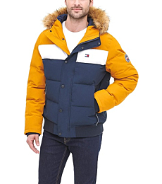 Tommy Hilfiger Men's Arctic Cloth Quilted Snorkel Bomber Jacket, Yellow/Navy, Small