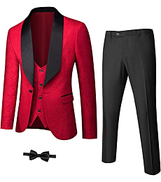 YND Men's 3 Piece Slim Fit Tuxedo Set, One Button Shawl Collar Jacquard Jacket Vest Pants with Bow Tie, Red
