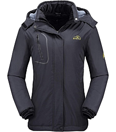 Women's Waterproof Ski Jacket Fleece Windproof Mountain Winter Snow Jacket Warm Outdoor Sports Rain Coat with Removable Hood U220WCFY029,Darkgrey,XL