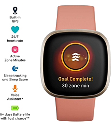 Fitbit Versa 3 Health & Fitness Smartwatch with GPS, 24/7 Heart Rate, Alexa Built-in, 6+ Days Battery, Pink/Gold, One Size (S & L Bands Included)