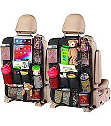 JUSTTOP Black Car Backseat Organizer with Touch Screen Tablet Holder, 9 Storage Pockets Kick Mats Car Seat Back Protectors for Kids Toddlers, Car Travel Accessories, 2 pack