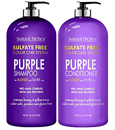 Natural Riches Purple Shampoo and Conditioner Set Sulfate Free Salon Grade for Silver Blonde and Platinum Hair. Removes Yellow & Brass tones. Blonde Shampoo for Silver Grey Highlighted Hair 16x2 fl oz