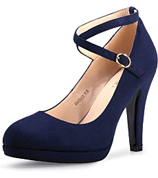 IDIFU Women's Tracy Platform High Heels Closed Toe Pumps Strappy Cross Ankle Strap Shoes for Casual Work Wedding (5 M US, Blue Suede)