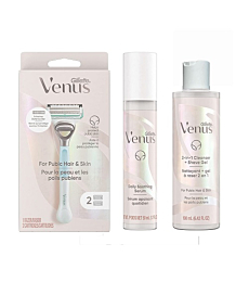 Gillette Venus For Pubic Hair And Skin Womens Shaving Kit, 1 Venus Handle, 2 Razor Blade Refills, 2 in 1 Cleanser And Shave Gel For Women 190mL, Daily Soothing Serum For Intimate Grooming 50mL
