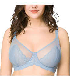 HSIA Women's Underwire Unlined Bra Minimizers Non-Padded Bra Full Coverage Lace Mesh Sexy Sheer Plus Size Bra 32C-42DDD Storm Blue