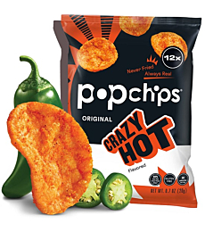 Popchips Potato Chips, Crazy Hot, 12ct Single Serve 0.7oz Bags, Low-Calorie, Kosher and Gluten Free, Healthy Snacks for Adults and Children, Never Fried