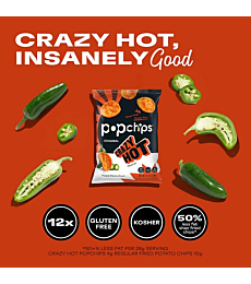 Popchips Potato Chips, Crazy Hot, 12ct Single Serve 0.7oz Bags, Low-Calorie, Kosher and Gluten Free, Healthy Snacks for Adults and Children, Never Fried