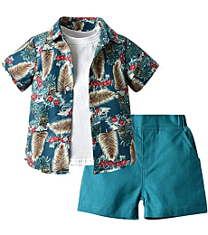 Feidoog Toddler Baby Boy Summer Short Sleeve Stripe Print Shirt Tops+Pure White T-shirt+Casual Solid Shorts Outfits ,Dark Blue,18-24M