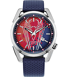 Citizen Eco-Drive Marvel Quartz Mens Watch, Stainless Steel with Leather strap, Spider-Man, Blue (Model: AW1680-03W)