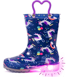 OUTEE Toddler Girls Rain Boots Little Kids Baby Light Up Printed Waterproof Mud Insulated Shoes Purple Unicorn Lightweight Rubber Adorable with Easy-On Handles Non Slip (Size 5,Purple)