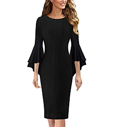 VFSHOW Womens Black Jacquard Geometric Bell Sleeves Cocktail Party Semi-Formal Casual Bodycon Pencil Sheath Dress 7900 BLK XS
