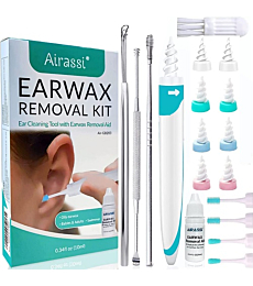 Ear Wax Remover Soft & Gentle Ear Cleaning Tool with Ear Wax Removal Aid & 8 Replacement Heads Included 4 Reusable Micro-Bristles and 4 Silicone Q-Grip Heads + 4PCS Metal Ear Picker Set