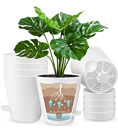 HOMENOTE 7" Bottom Watering Plant Pots, 6Pcs Self Watering Planters with Drainage Holes, Attached Saucer Reservoir and Watering Lip for Indoor Outdoor Flowers Plants Windowsill, White