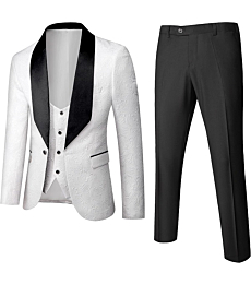 UNINUKOO Mens Suits 3 Piece Slim Fit Jacquard Tuxedo Shawl Lapel for Wedding Prom US Size M White