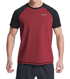 VAYAGER Men's Swim Shirts Rash Guard UPF 50+ Short Sleeve Quick Drying Crew Water Shirt(Red-Black-M)