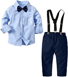 Baby Boys 2 Piece Gentleman Outfits Long Sleeve White Shirts and Suspender Pants with Bow Tie, Blue, Size 5-6 Years = Tag 130