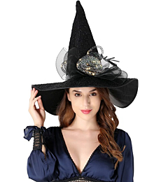 Costyleen Halloween Costume Witch Hats for Women Steeple Top with Lamp for Party - Black