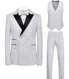 Mens Suit 3 Piece Floral Tux Double Breasted Blazer Vest Pants Set US Size 42 White