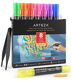 Arteza Liquid Chalk Markers, 8 Neon Colors, Washable Chalkboard Pens, 8 Replaceable Nibs, 1 Tweezer, 50 Labels, 2 Sticky Stencils, Art Supplies for Decorating Car Windows, Erasable Signs, and Menus