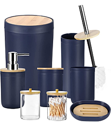 iMucci 8Pcs Navy Blue Bathroom Accessories Set - with Trash Can Toothbrush Holder Soap Dispenser Soap and Lotion Set Tumbler Cup…
