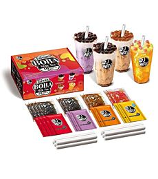 J WAY Instant Boba Bubble Pearl Variety Milk Tea Fruity Tea Kit with Authentic Brown Sugar Caramel Fruity Tapioca Boba, Ready in Under One Minute, Paper Straws Included - Gift Box - 10 Servings
