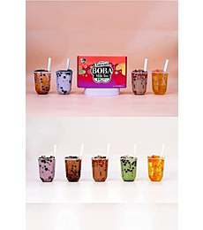 J WAY Instant Boba Bubble Pearl Variety Milk Tea Fruity Tea Kit with Authentic Brown Sugar Caramel Fruity Tapioca Boba, Ready in Under One Minute, Paper Straws Included - Gift Box - 10 Servings