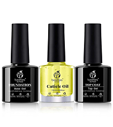 Beetles 3pcs 7.5ml Gel Top Coat Base Coat & Cuticle Oil Set, No Wipe Top Gel Glossy Shine Long Lasting DIY Home Gel Nail Lamp Required, Cuticle Oil Care for Dry, Damaged Cuticles, Stronger Nails
