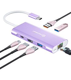 USB C Hub,UtechSmart 6 In 1 USB C to HDMI Adapter with 1000M Ethernet, Power Delivery Pd Type C Charging Port, 3 USB 3.0 Ports Adapter Compatible for MacBook Pro, Chromebook,and USB C devices (Purple)
