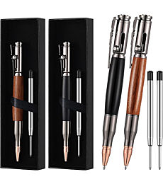 2 Pieces Bolt Action Pen Wood Ballpoint Solid Brass Pens Bullet Shaped Metal Pen and 2 Pieces Pens Refills with 2 Present Boxes for Father's Day, Valentine, Birthday, Black Ink (Black, Brown)
