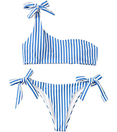 Romwe Women's 2 Piece Swimsuit Tie Side One Shoulder Brazilian Cheeky Bikini Set
