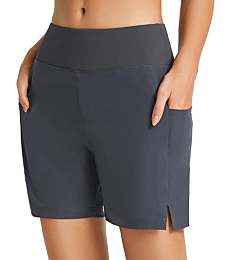 BALEAF Women's 5" Swim Shorts High Waisted Swimming Board Shorts Tummy Control Swimsuit Bottoms with Pockets Dark Grey L