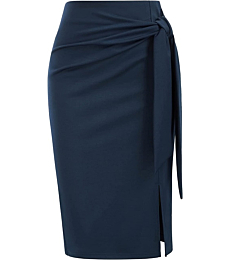 Kate Kasin Women's Skirt Elastic High Waist Bow Tie Knee Length Stretch Bodycon Pencil Skirts with Slit Navy XX-Large