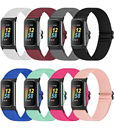 ShuYo 8-Packs Elastic Bands Compatible with Fitbit Charge 5,Adjustable Nylon Breathable Replacement Straps Wristband for Fitbit Charge 5 for Women&Men