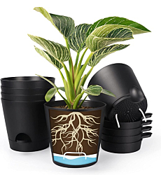 SPEPLA 8 Inch Self Watering pots for Indoor, 6 Pack Plastic Plant Pots with Drainage Holes, Black