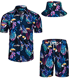 TUNEVUSE Mens Hawaiian Shirts and Shorts Set 2 Pieces Tropical Outfits Bird Printed Button Down Beach Shirt Suit with Bucket Hats Navy Medium