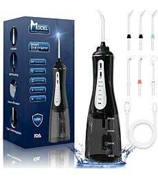 MOCEL Water Dental Flosser Oral Irrigator with 5 Modes, 350ml Cordless Water Teeth Cleaner Pick 6 Tips, IPX7 Waterproof Rechargeable Portable Powerful Battery for Travel & Home Braces & Bridges Care