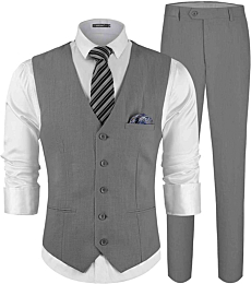 MAGE MALE Men's Linen 2 Piece Suit Slim Fit Wedding Groomsmen Summer Vest Pants Set with Pocket Square Grey