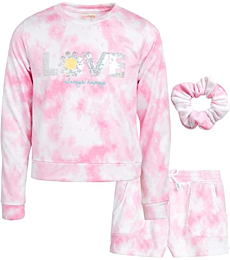 Lemon Kiss Girls’ Shorts Set – 2 Piece Fleece Pullover Sweatshirt and Sweat Shorts w/ Scrunchie (7-12), Size 12, Purple Tie-dye Love