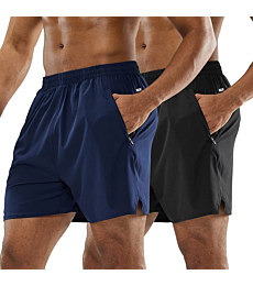 MIER Men's Training Shorts 5 Inch Stretchy Active Shorts, Elastic Waist, Black/Navy, M